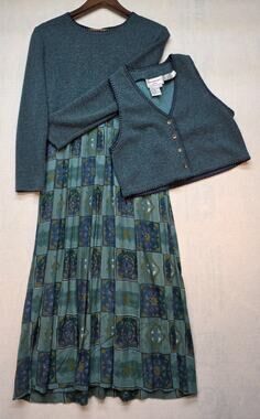 Vintage Karen Stevens 2pc Dress/Vest Grandmacore Retro Priarie Teal 6 Petite